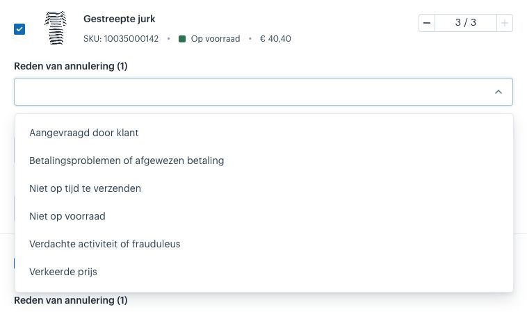 Reden van annulering veld met alle beschikbare opties