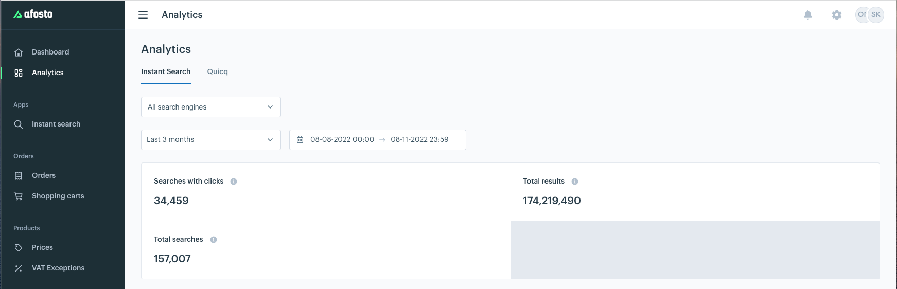 Afosto Instant Search Analytics Dashboard