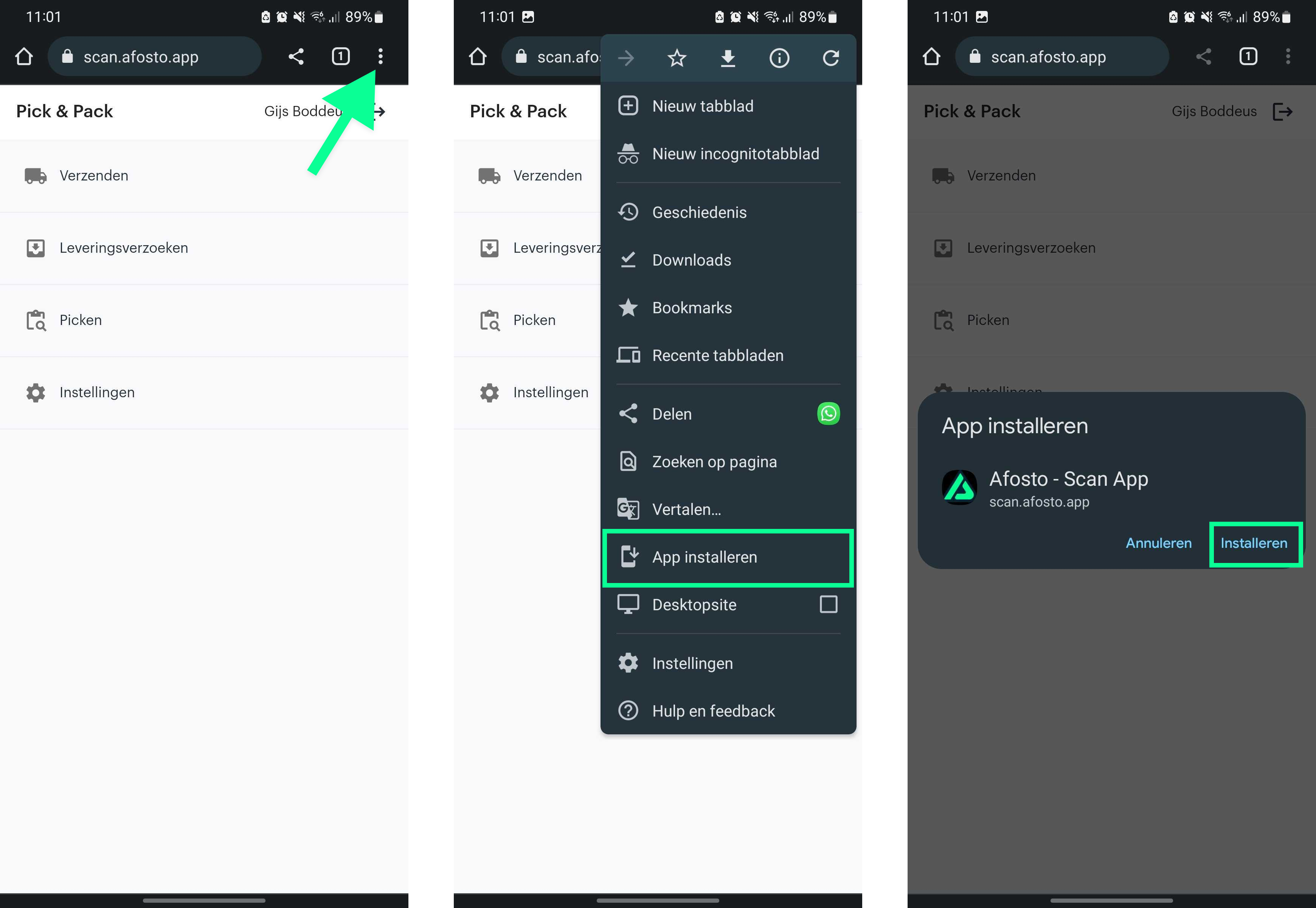 Screenshots van de stappen om de wms app te installeren op een Android toestel via Google Chrome