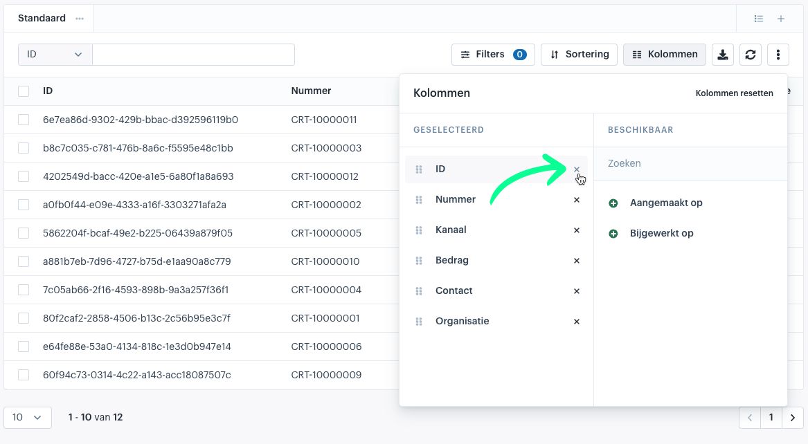 Datagrid met open kolom menu met aanduiding hoe je een kolom verbergt