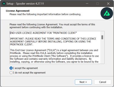 Windows window to accept the Spooler license during the installation