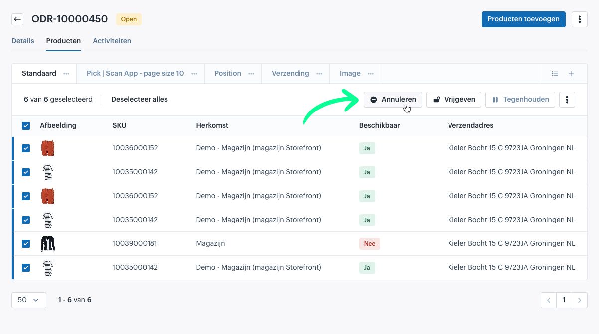 Bestelling producten grid met alle producten geselecteerd en de actie annuleren gekozen