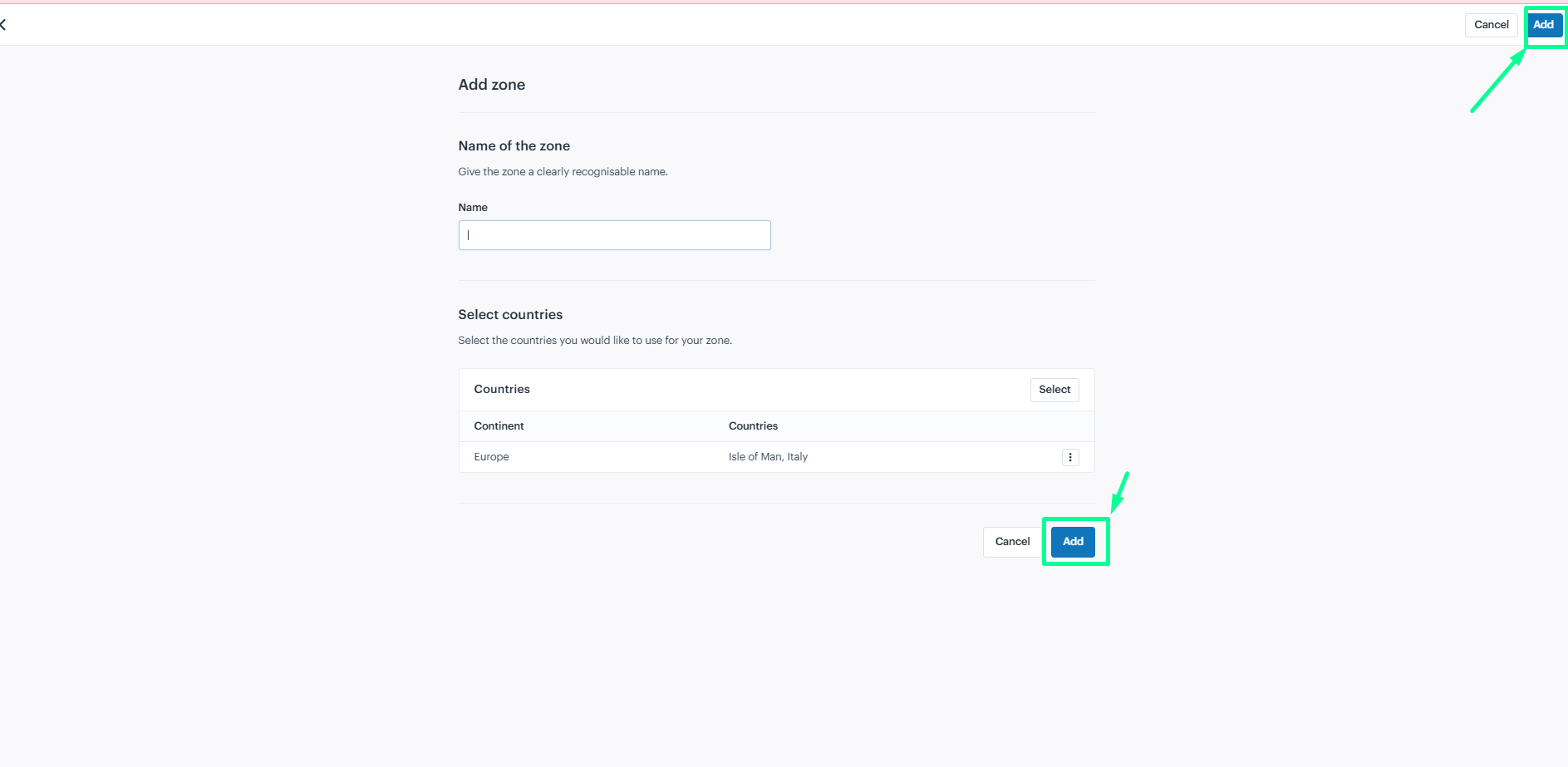 Add delivery  zone for the shipping method