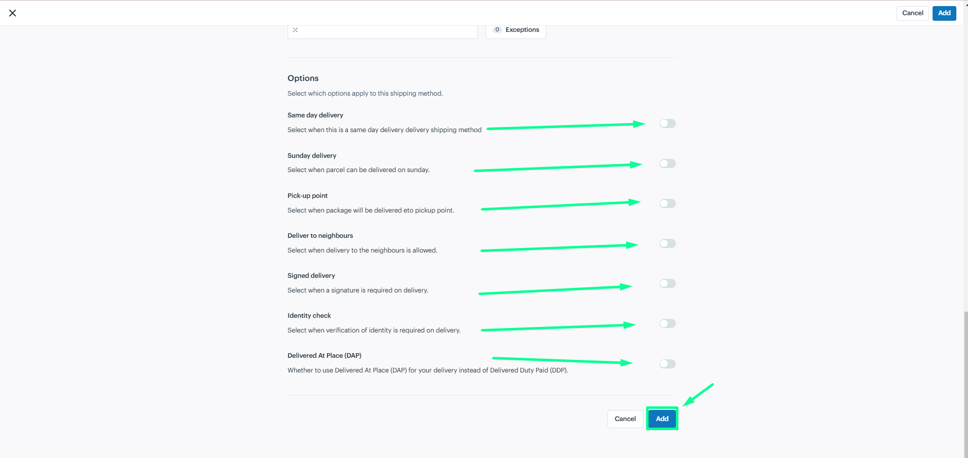 specify additional options for the shipping method