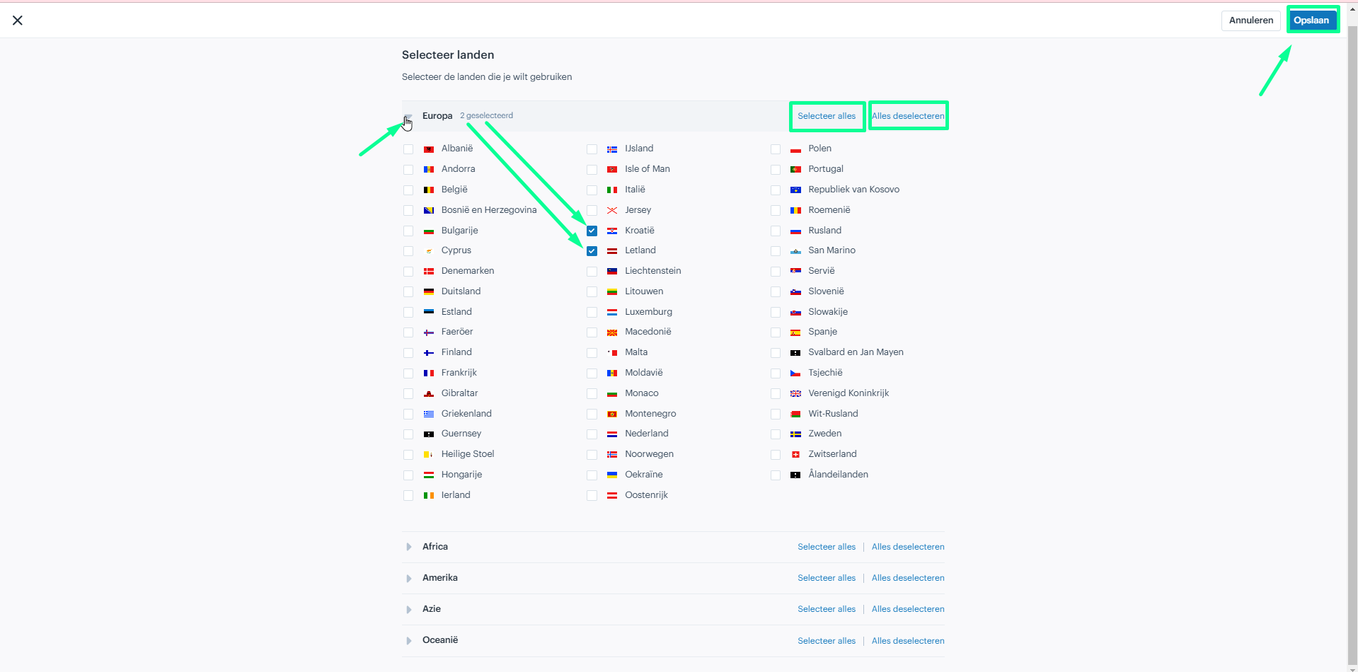 Selecteer landen