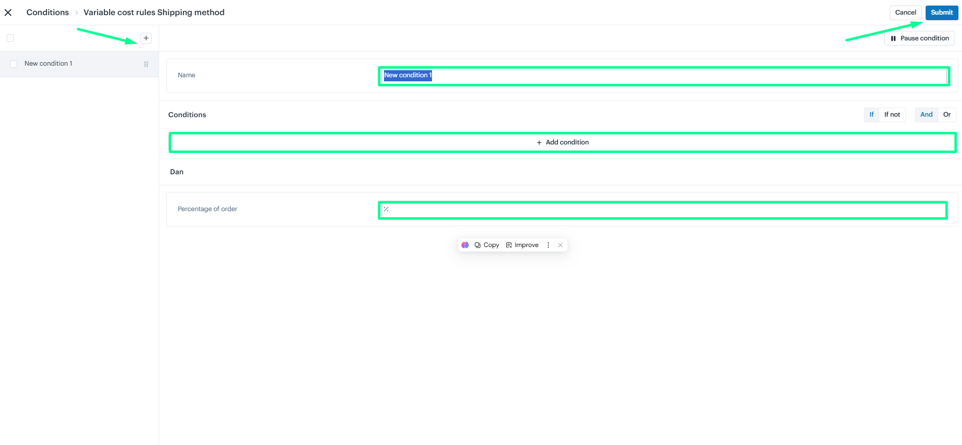 Variable cost rules Shipping method