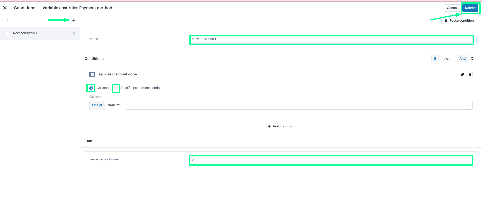 Add Variable cost rules Payment method & save details