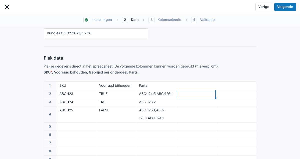 Data plakken in het spreadsheet