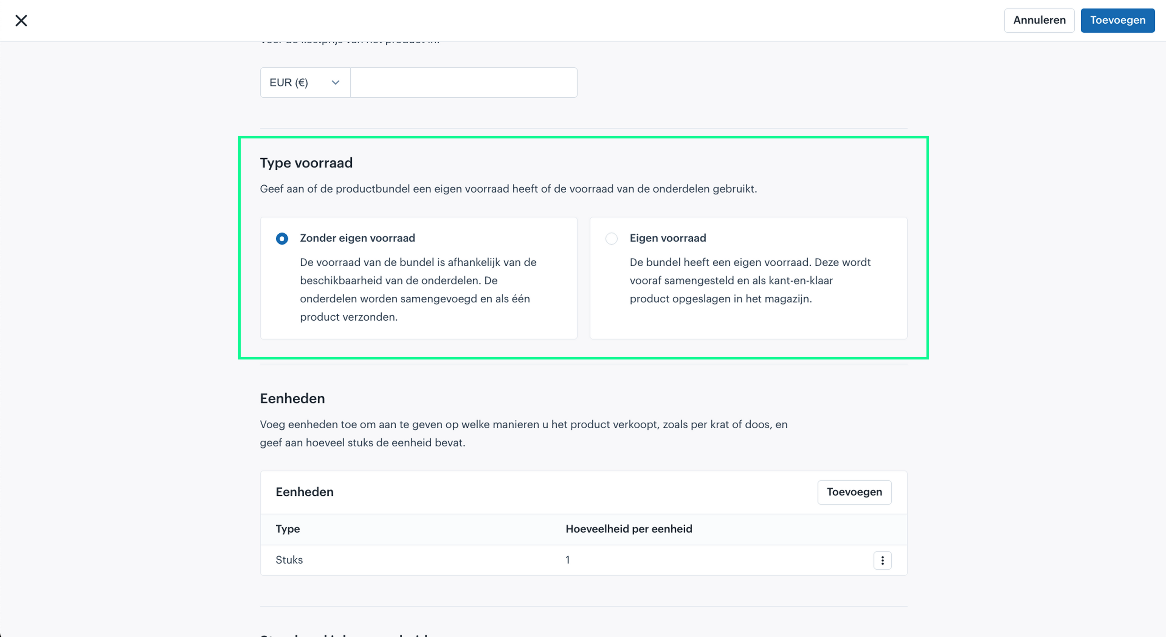 Type voorraad selecteren