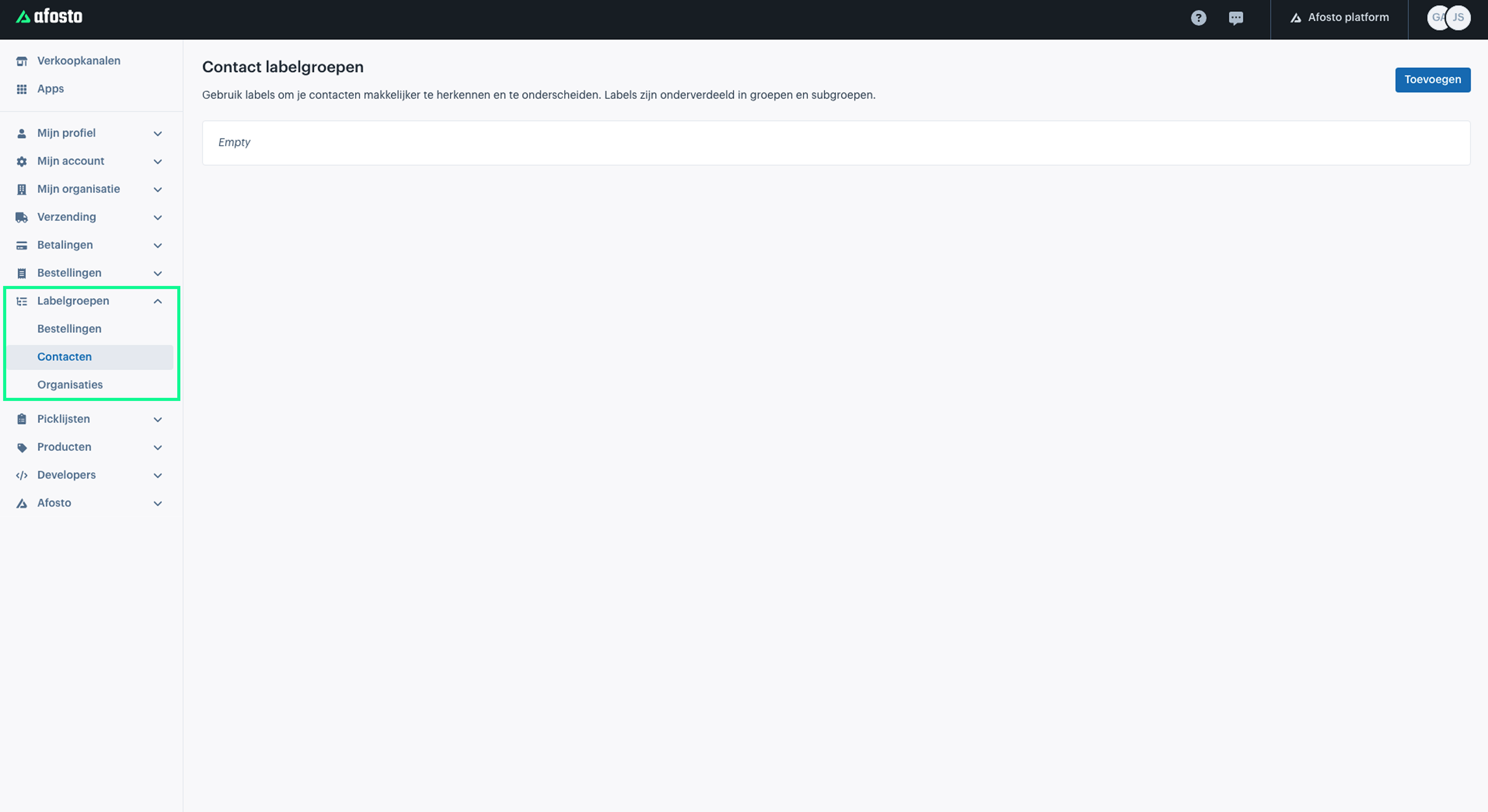 Ga naar ‘Labelgroepen’ in de Afosto-beheeromgeving en selecteer ‘Contacten’
