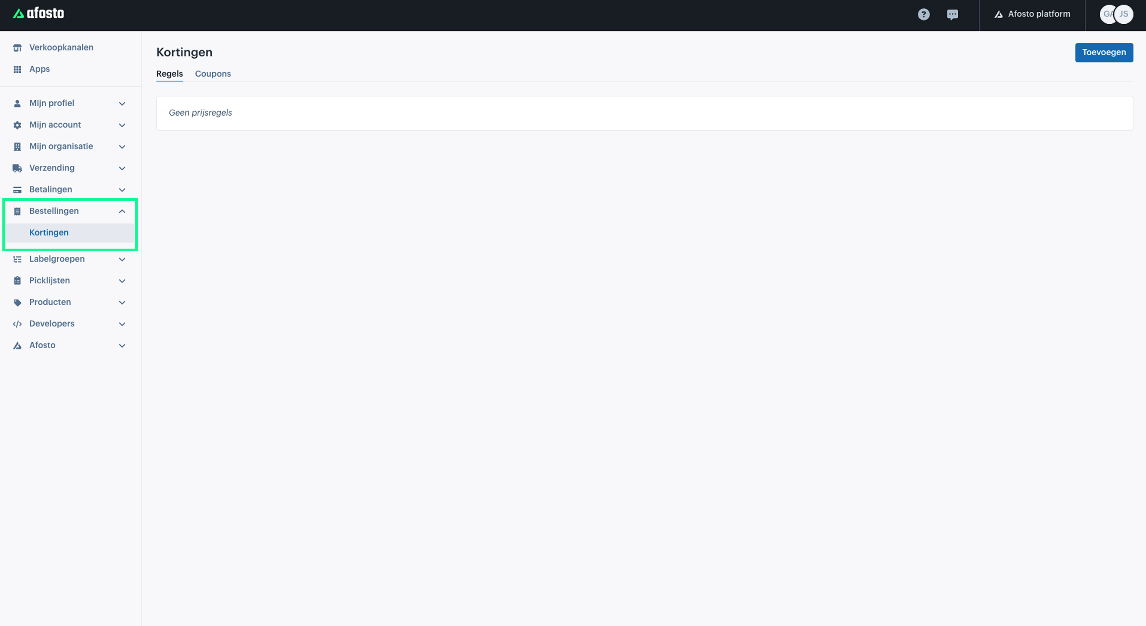 Ga naar 'Bestellingen' in de Afosto-beheeromgeving en selecteer 'Kortingen'