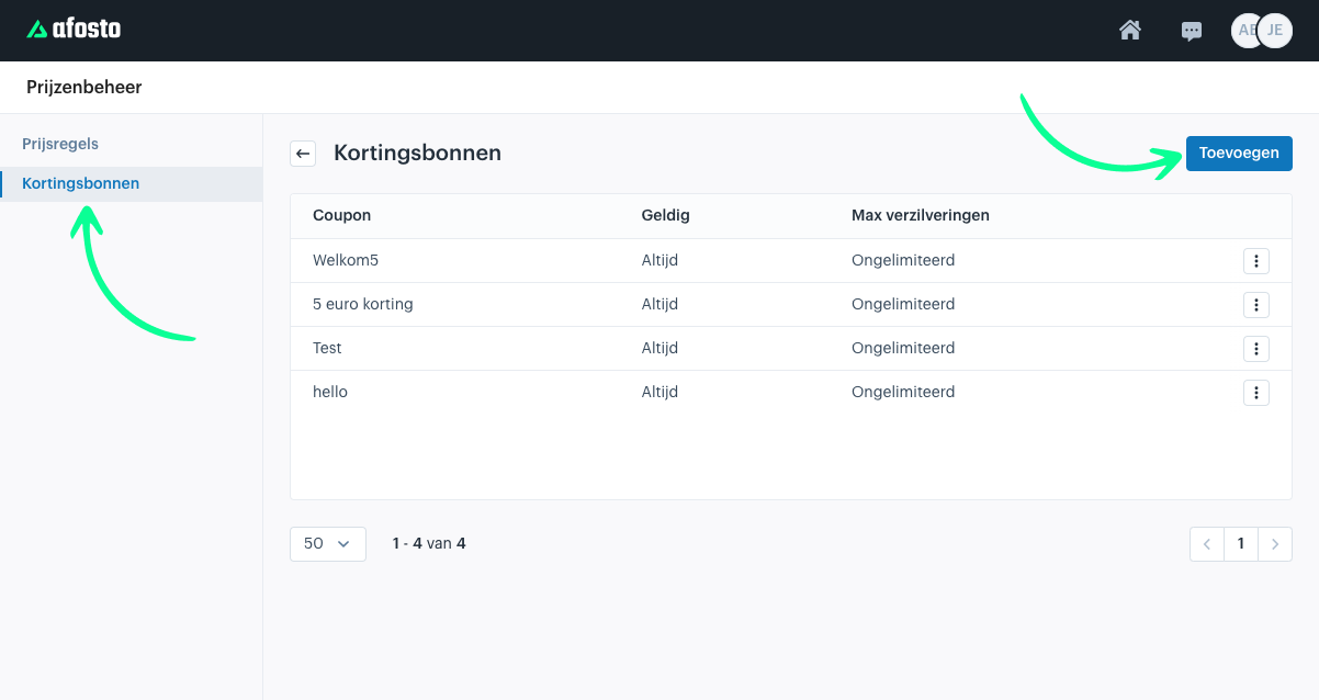 Prijzenbeheer pagina van Afosto met pijlen naar Kortingsbonnen en Toevoegen