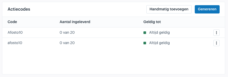 Actiecodes in Afosto, handmatig toegevoegd