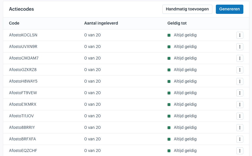 Actiecodes in Afosto, automatisch toegevoegd