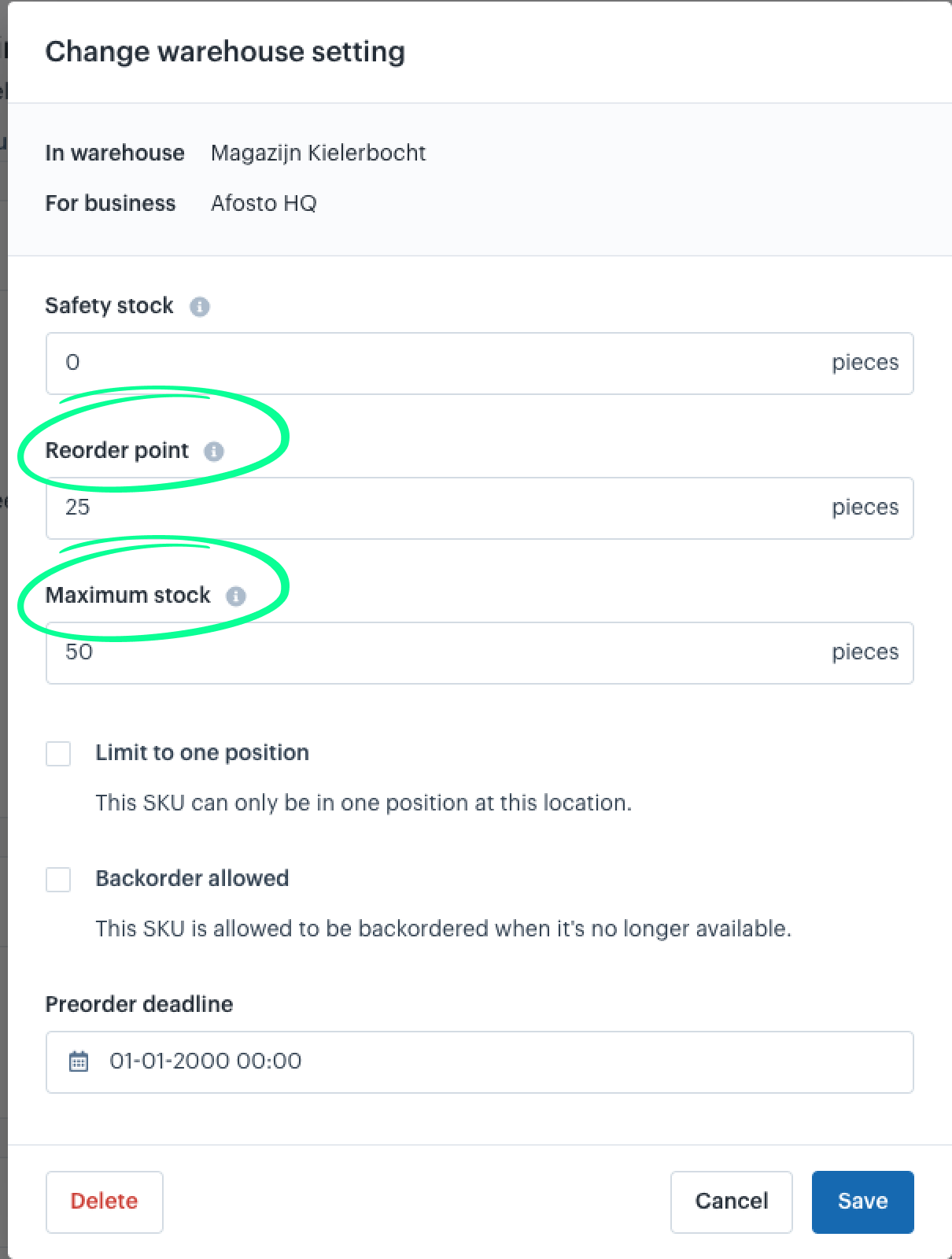 Warehouse settings item | Replenishment list | Afosto