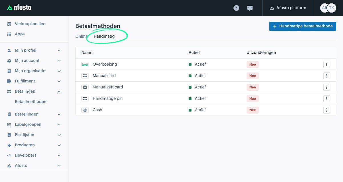 handmatige betaalmethode afosto beheeromgeving