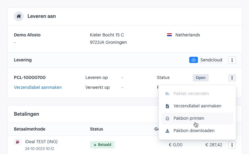 De leveringen widget met een pakket waarbij een pakbon te printen of downloaden is