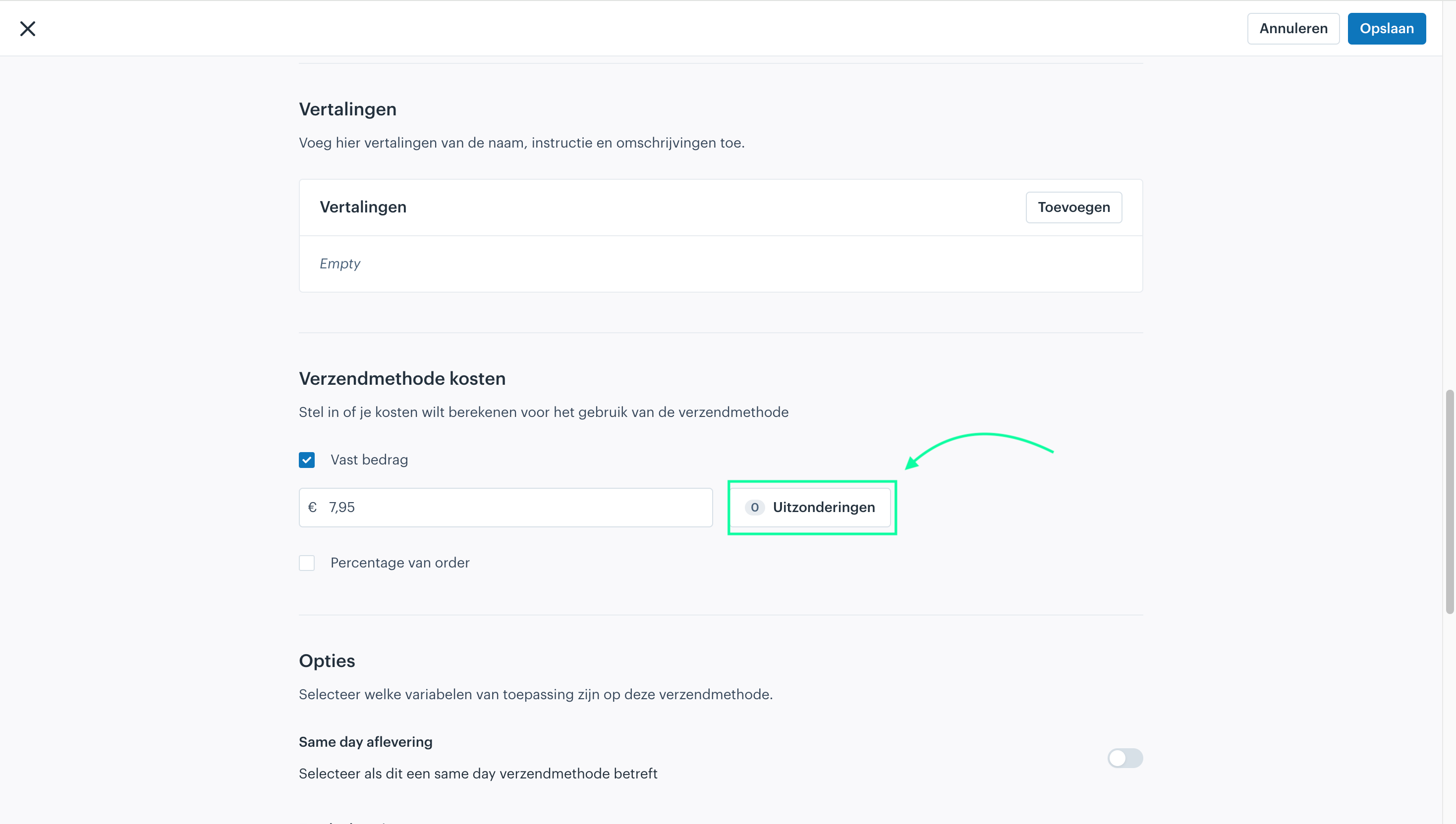 Uitzondering instellen voor verzendkosten