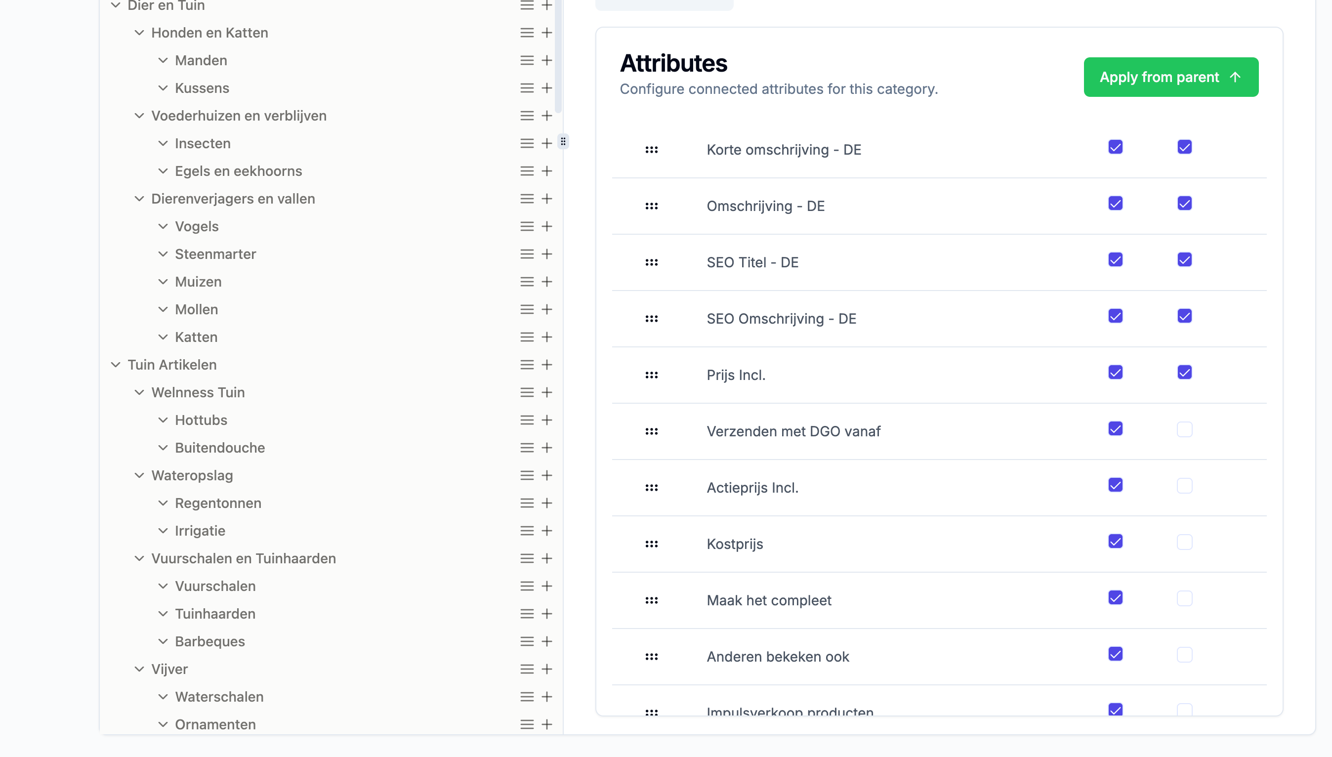 Screenshot attributen productdata