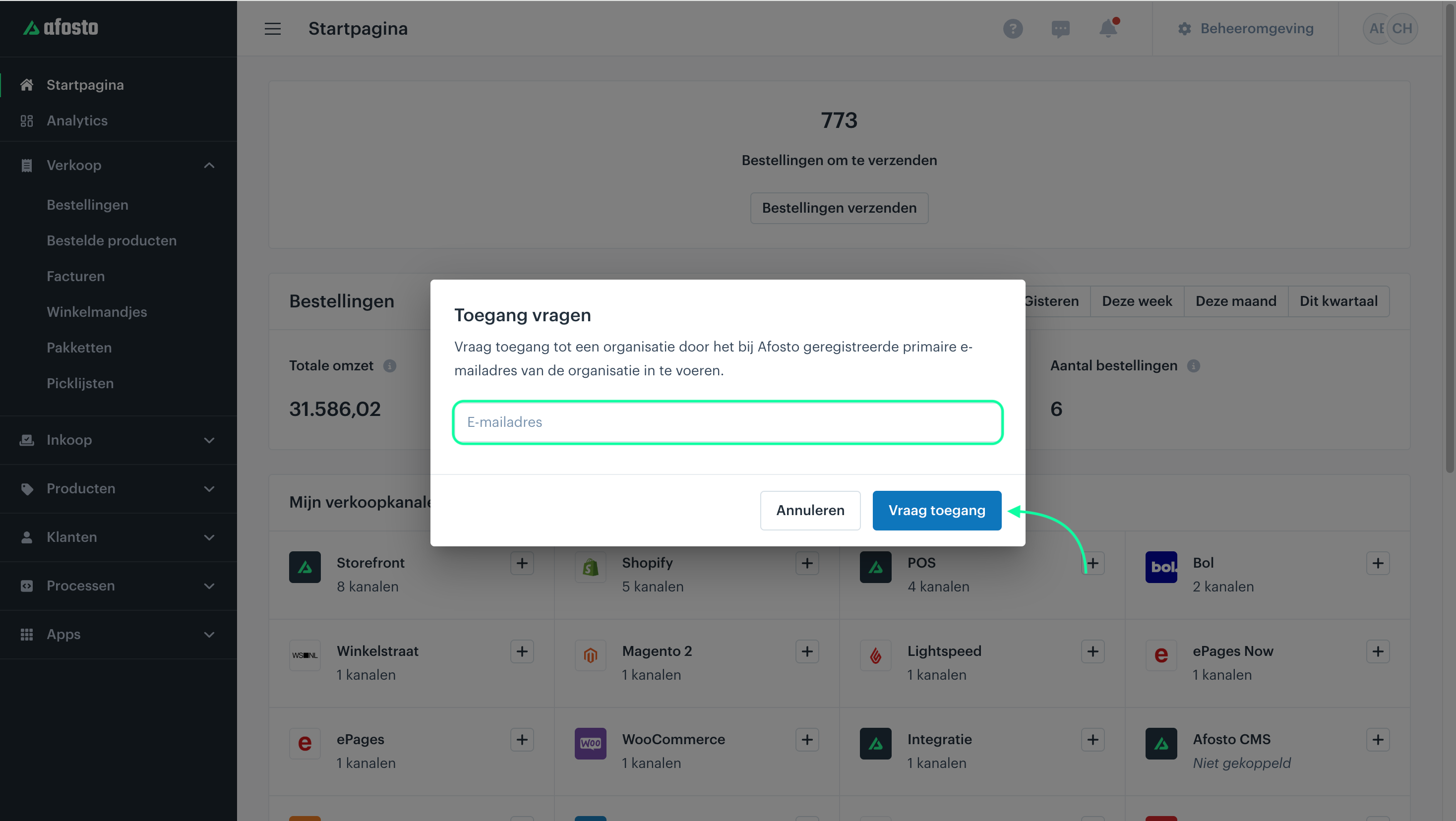 Screenshot over het e-mailadres invullen en toegang aanvragen