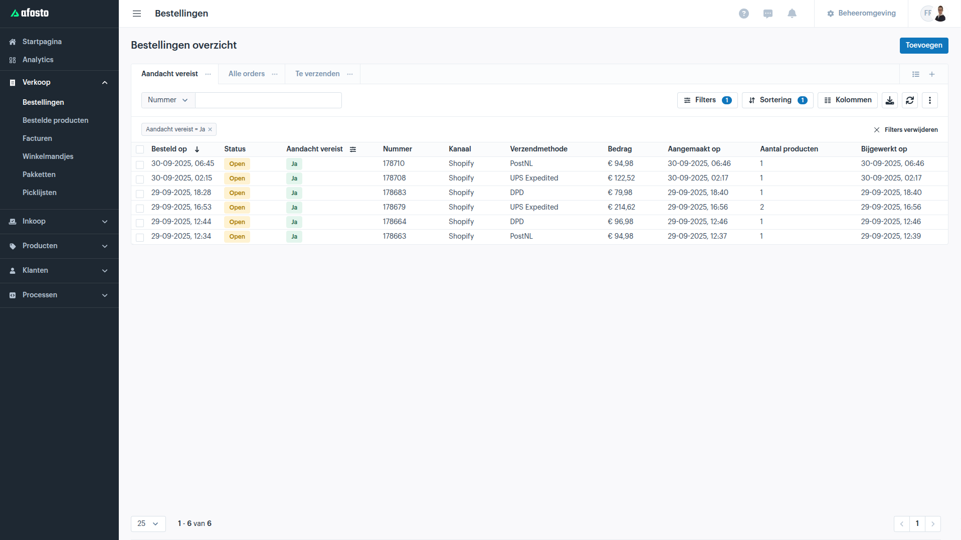 Screenshot van het Afosto Order Management Systeem met het tabblad ‘Aandacht vereist’, waarin bestellingen met ongeldige adressen apart worden weergegeven.
