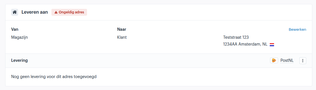 Screenshot van de orderdetailpagina in Afosto waar een ongeldig adres zichtbaar is en door een medewerker kan worden gecorrigeerd voordat de order wordt doorgestuurd naar fulfilment.