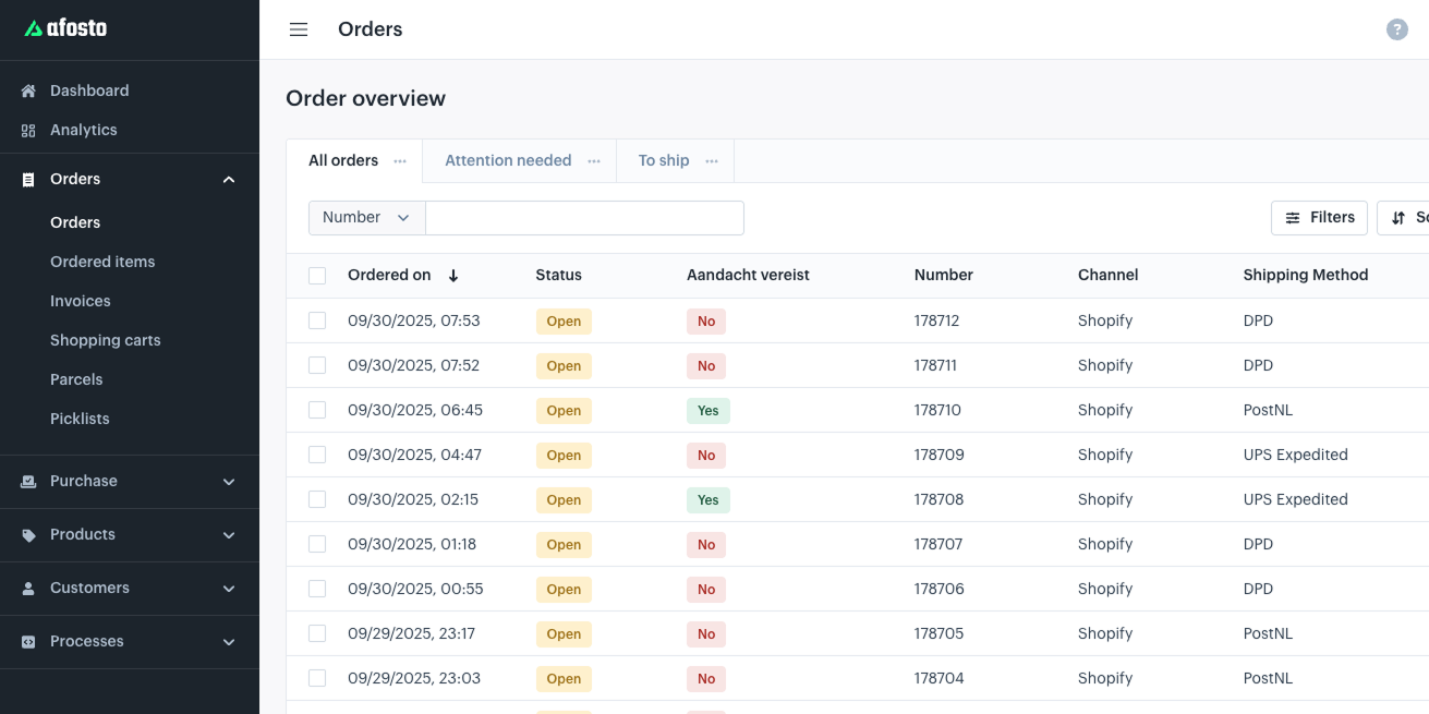 Screenshot of the Afosto Order Management System showing the “Attention Required” tab where orders with invalid shipping addresses are listed separately.