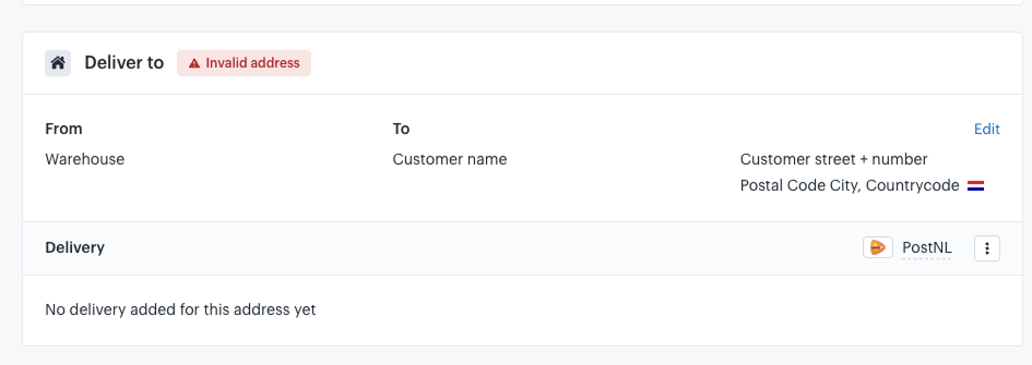 Screenshot of the order detail page in Afosto where an invalid shipping address is flagged and can be corrected by staff before being sent to fulfilment.
