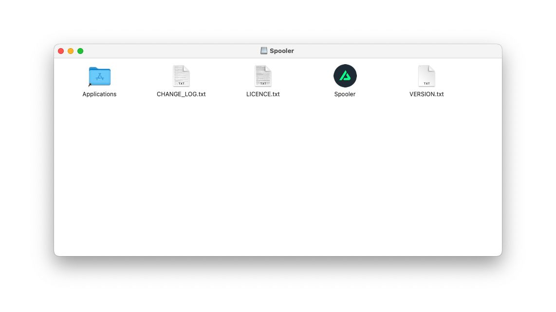Screenshot van een geopend .dmg bestand voor Spooler Desktop