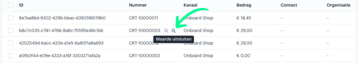 Voorbeeld van een 'Waarde uitsluiten' snel filter knop