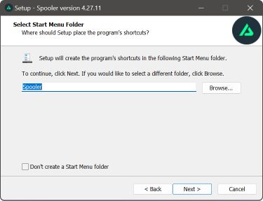 Windows venster om een start menu map voor de Spooler applicatie te kiezen tijdens de installatie