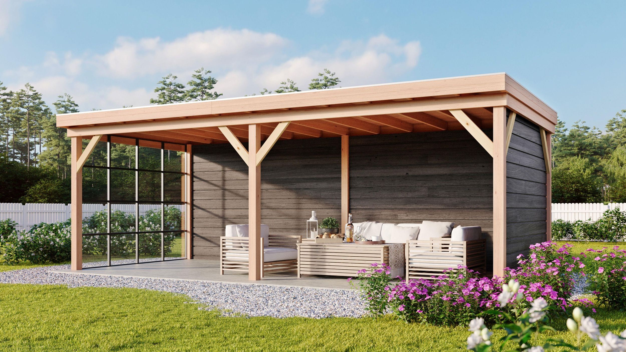 Houten overkapping met glaswand