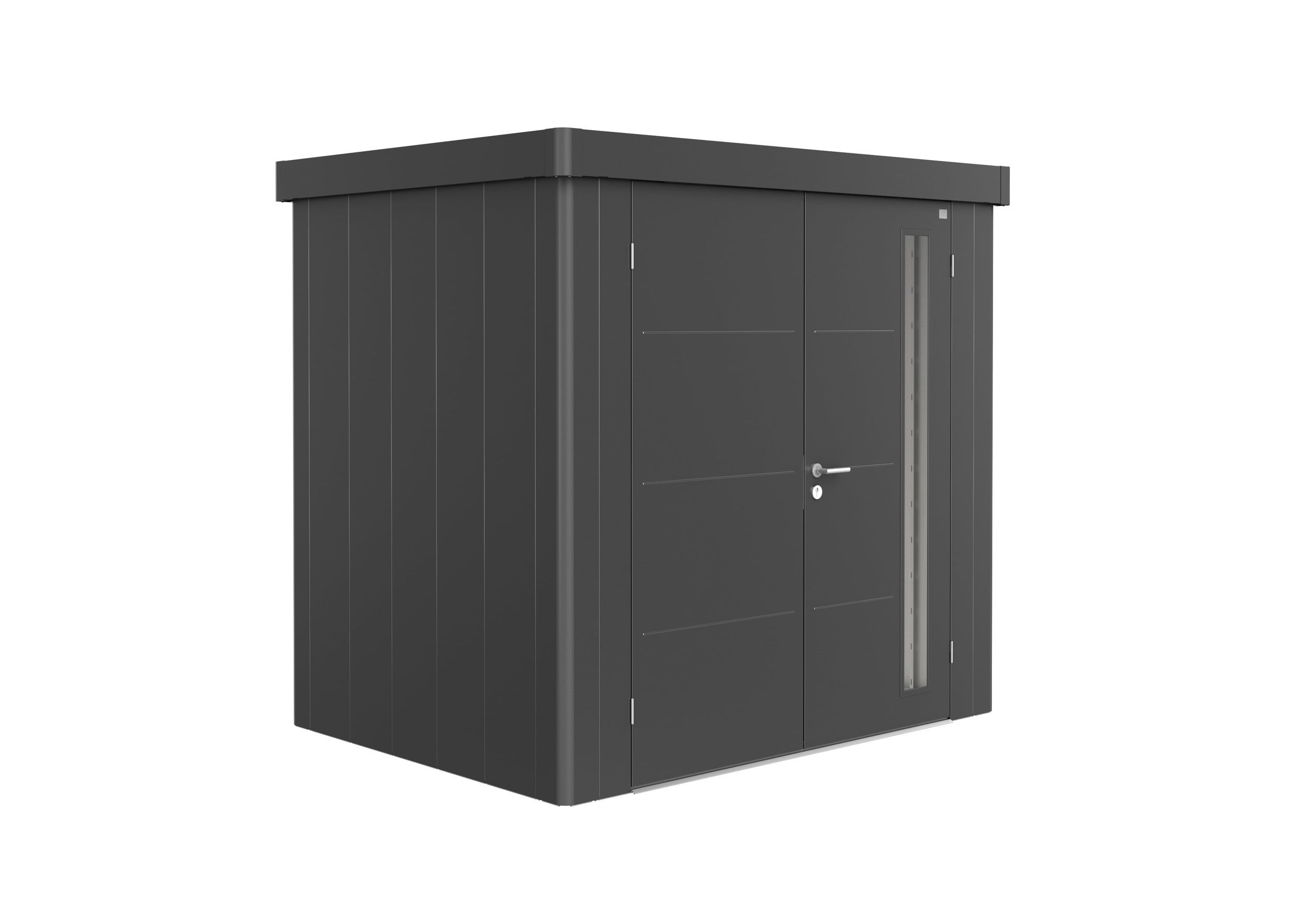Foto van Biohort Neo 1B metalen tuinhuis donkergrijs metallic dubbele deur