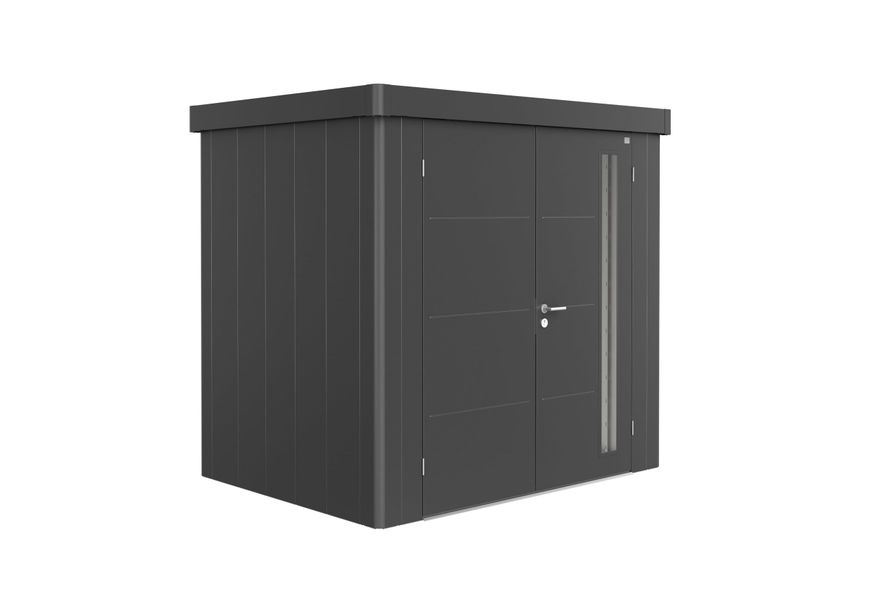 Biohort Neo 1B metalen tuinhuis donkergrijs metallic dubbele deur Foto van Biohort Neo 1B metalen tuinhuis donkergrijs metallic dubbele deur