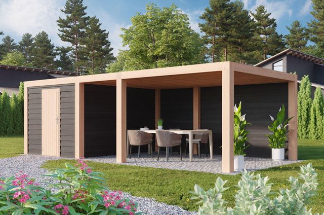 Foto der WoodAcademy Gartenhaus mit Terrasse Nefriet Excellent nero 800x300 cm