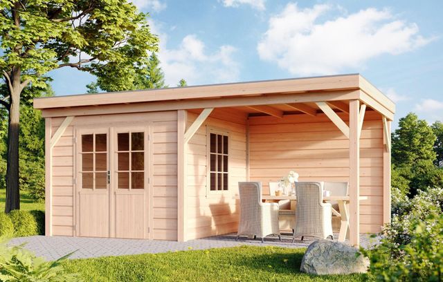 Foto der WoodAcademy Gartenhaus mit Terrasse Ermine 500x300 cm