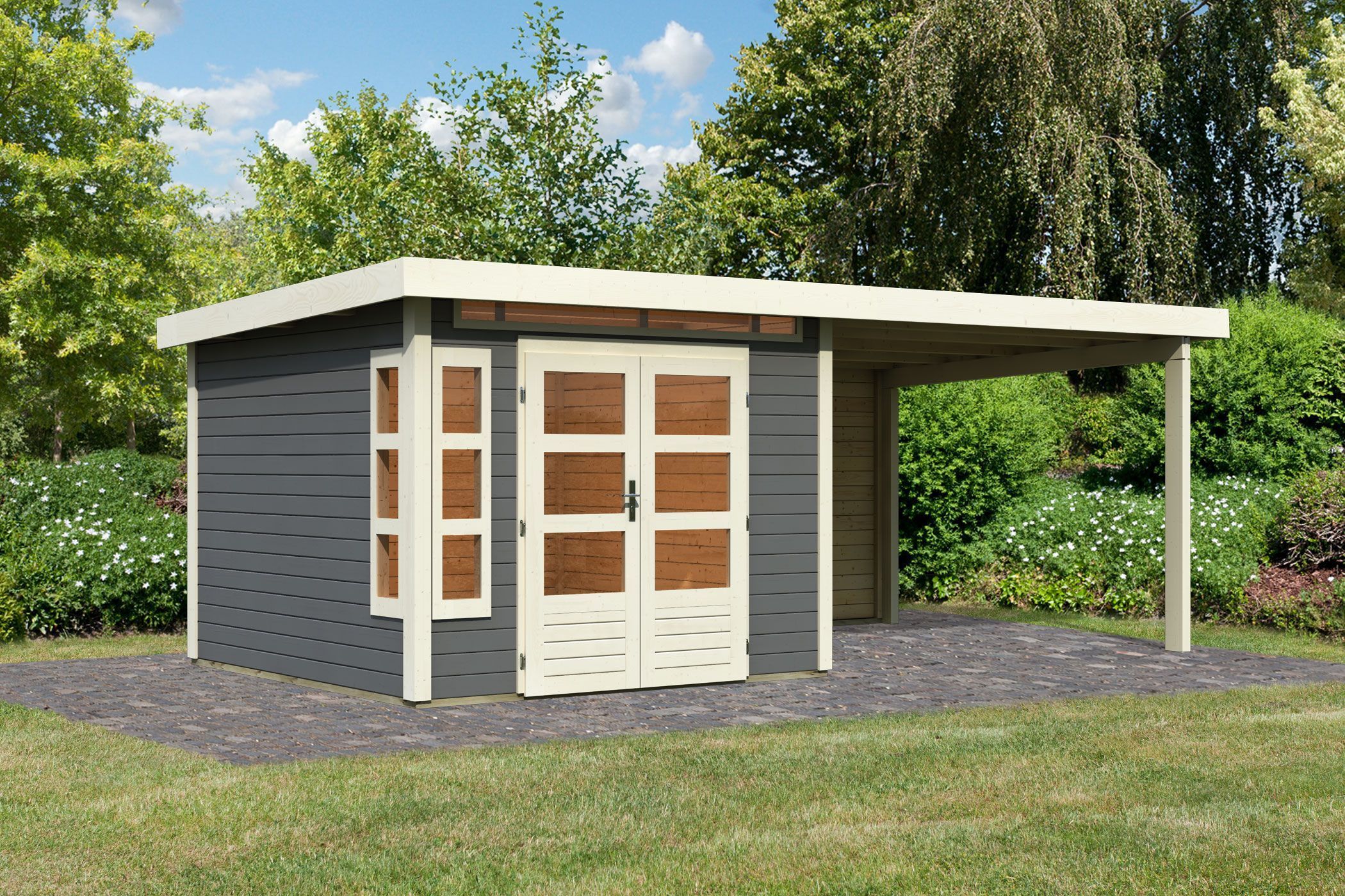 Foto der Karibu 31547 Kastorf 6 Gartenhaus mit Anbaudach - Terragrau
