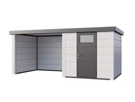 Telluria Classico 2424 metalen tuinhuis met overkapping links Foto van Telluria Classico 2424 metalen tuinhuis met overkapping links