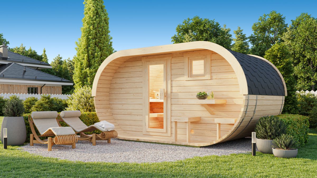 Ilogreen Fasssauna Ovaal - mit Terrasse