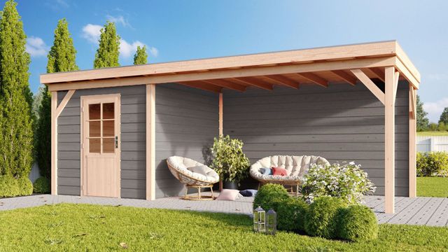Foto der WoodAcademy Gartenhaus mit Terrasse Baron grigio 500x300 cm
