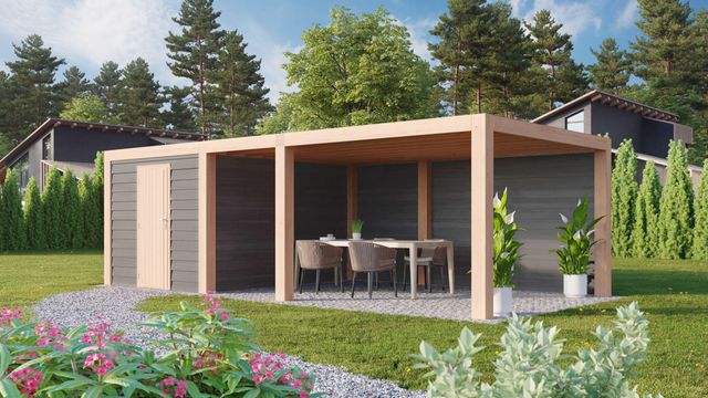 Foto der WoodAcademy Gartenhaus mit Terrasse Nefriet Excellent grigio 600x400 cm