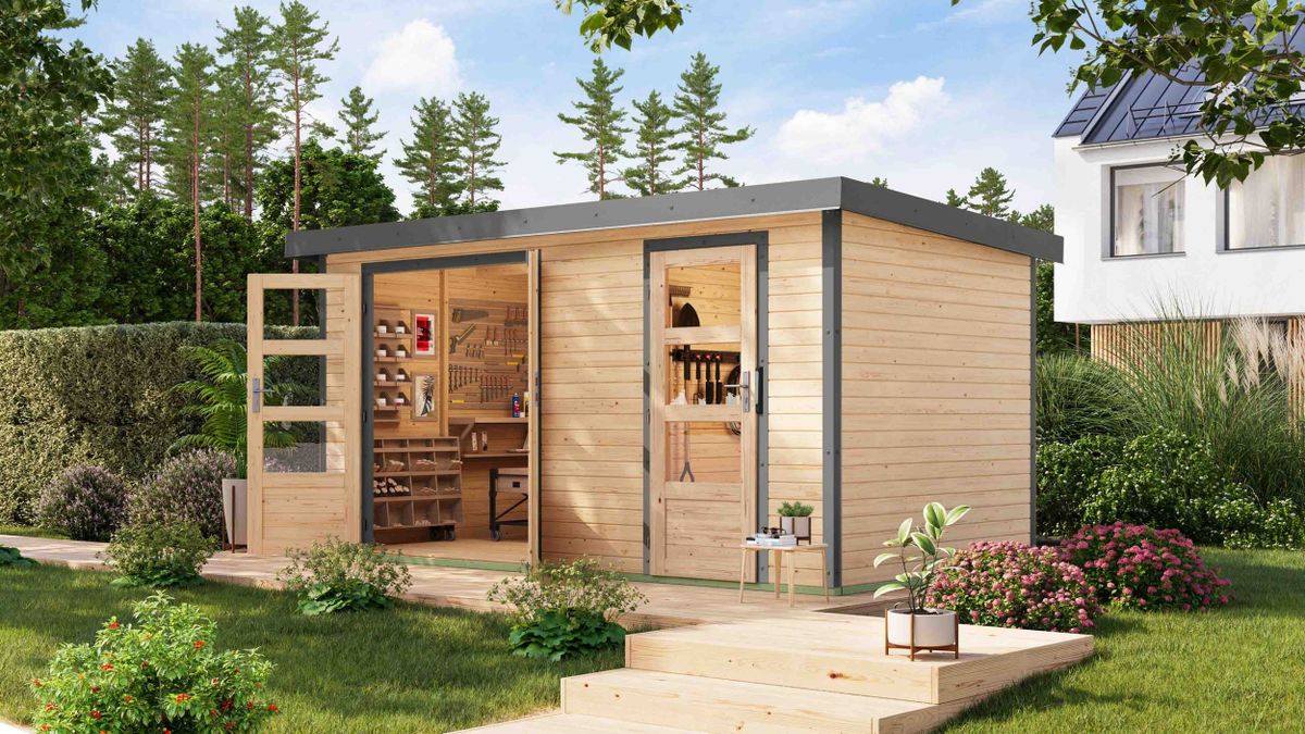 Karibu 12490 Merkur tuinhuis - vuren|grijsaluminium