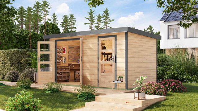 Karibu 12490 Merkur tuinhuis - vuren|grijsaluminium