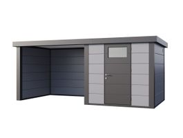 Telluria Classico 2424 metalen tuinhuis met overkapping links Foto van Telluria Classico 2424 metalen tuinhuis met overkapping links