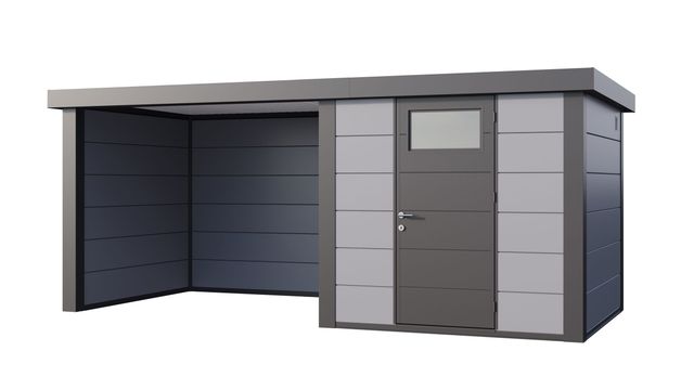 Telluria Eleganto 2424 metalen tuinhuis met overkapping links