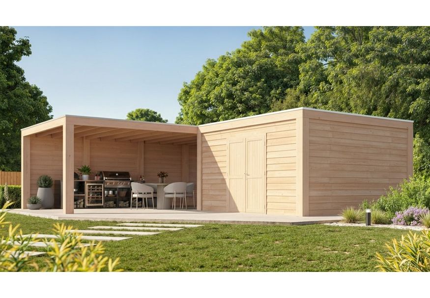 WoodAcademy tuinhuis met overkapping L-model Nefriet Excellent 580x400+400x400 Foto van WoodAcademy tuinhuis met overkapping L-model Nefriet Excellent 580x400+400x400