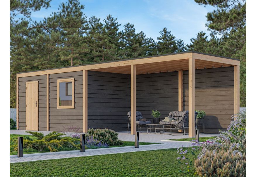 WoodAcademy Gartenhaus mit Überdachung Nefriet Essential nero 1180x400 cm Foto von WoodAcademy Gartenhaus mit Überdachung Nefriet Essential nero 1180x400 cm