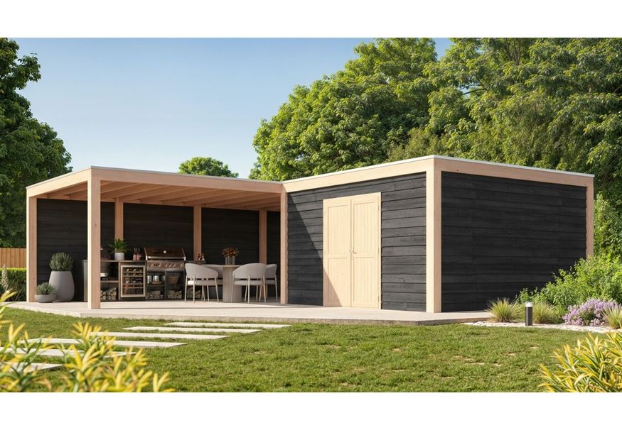 WoodAcademy tuinhuis met overkapping L-model Nefriet Essential Nero 680x400+400x400 Foto van WoodAcademy tuinhuis met overkapping L-model Nefriet Essential Nero 680x400+400x400