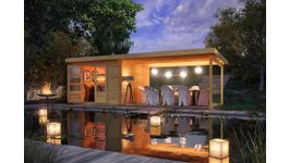 Karibu 73991 Bastrup 5 blokhut met overkapping Foto van Karibu 73991 Bastrup 5 blokhut met overkapping