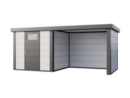 Telluria Classico 2424 metalen tuinhuis met overkapping rechts Foto van Telluria Classico 2424 metalen tuinhuis met overkapping rechts